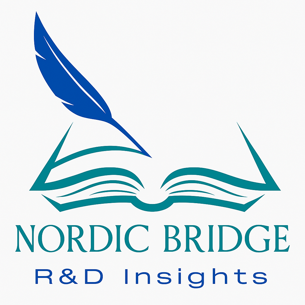 Nordic R&D Bridge Logo, featuring abstract design elements suggesting connection and innovation across the Nordic region, possibly incorporating colors or symbols from Nordic flags.
