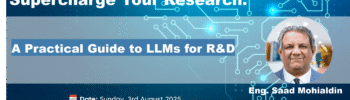Poster for the online lecture "Supercharge Your Research: A Practical Guide to LLMs for R&D," featuring speaker Saad Muhialdin, hosted by Swedish Dialogue on August 3, 2025.