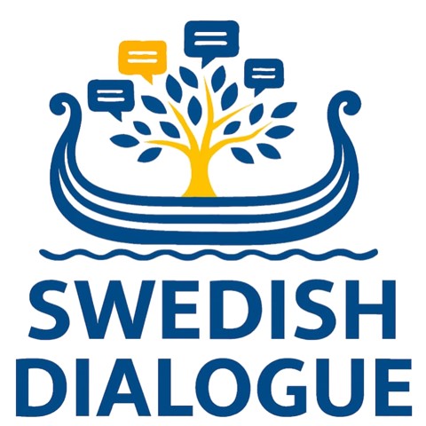 Logo for Swedish Dialogue, the official digital forum of the Swedish Knowledge & Research Centre (SKRC). It features a stylized blue and yellow Viking ship representing Swedish heritage, with a golden tree bearing blue and yellow speech bubbles, symbolizing knowledge and digital dialogue, all on a white background.