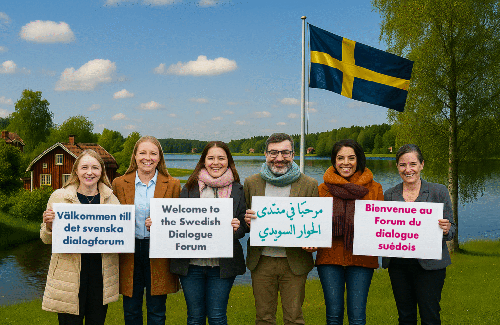 Four diverse people holding signs that say “Welcome to the Swedish Dialogue Forum” in Swedish, English, Arabic, and French, standing in front of a modern Scandinavian-style building.