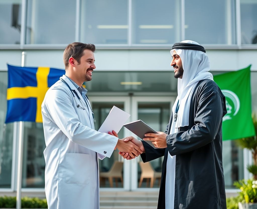 Swedish and Middle Eastern researchers shaking hands in front of a research center with Sweden and MENA flags