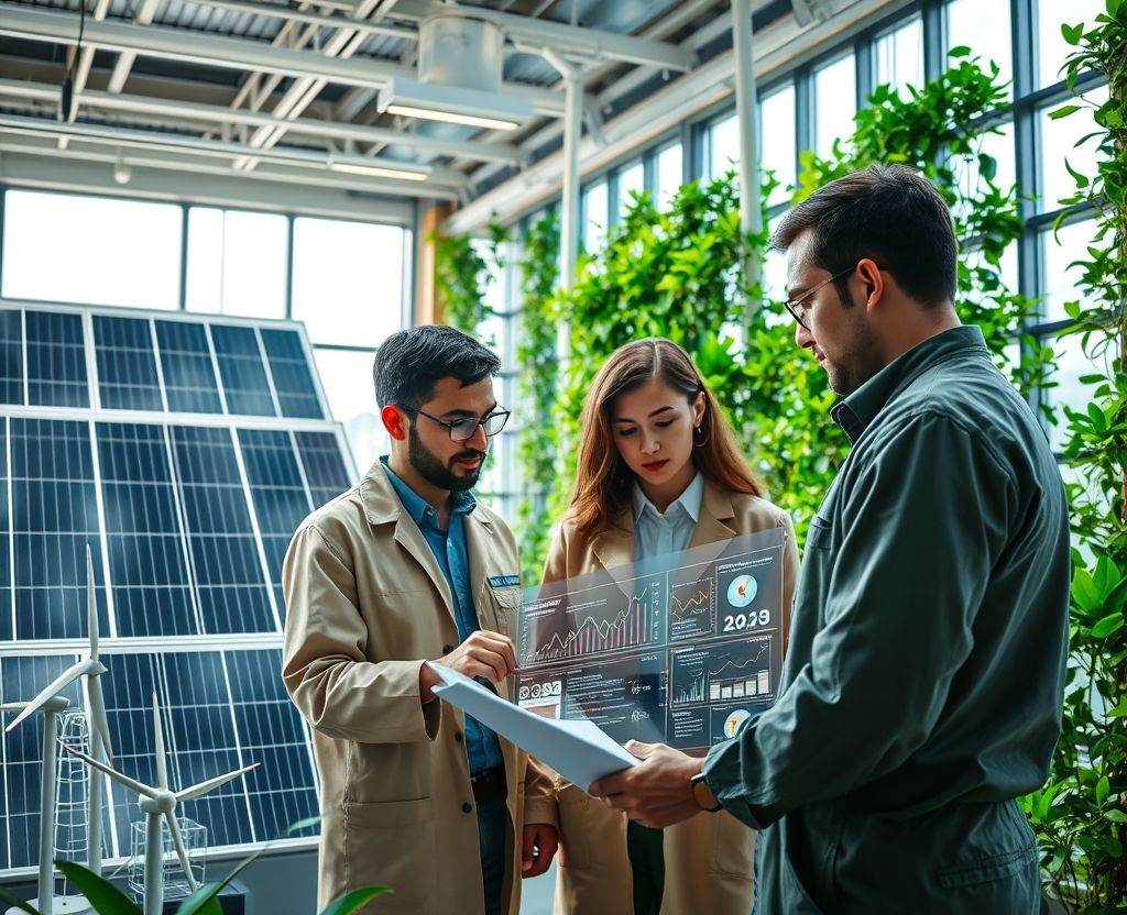 Researchers working in a sustainability lab with green tech and renewable energy equipment
