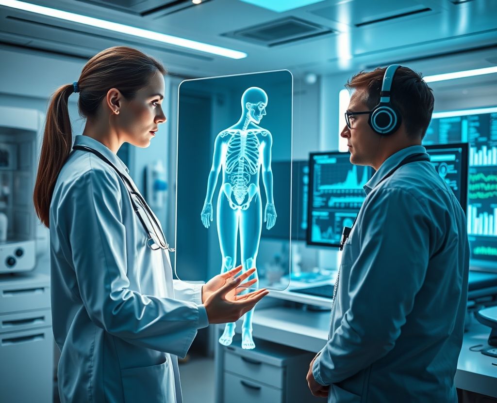 Doctor and tech engineer using AI tools and holograms in a digital health lab