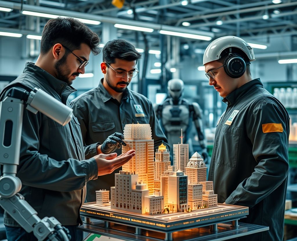 Team of engineers examining robotics and sustainable infrastructure prototypes