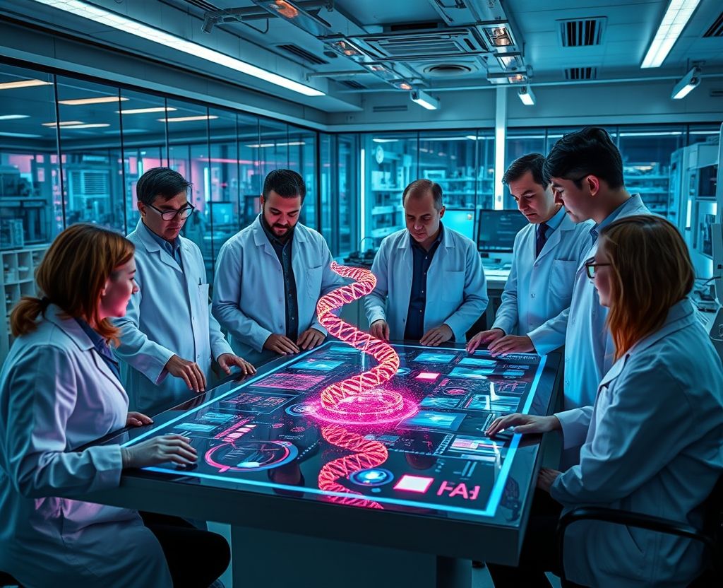 Interdisciplinary scientists analyzing DNA, quantum models, and data in a futuristic lab