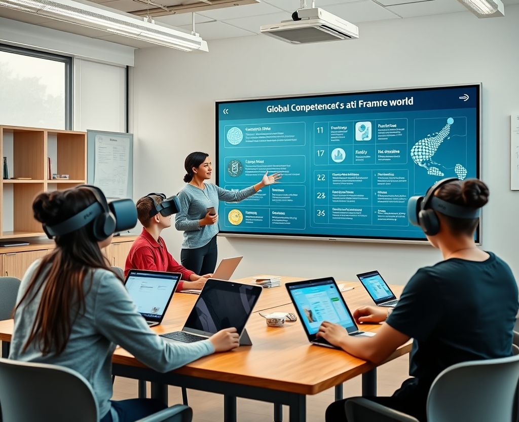 Students and teacher in a tech-enabled classroom using digital tools and VR for interactive learning