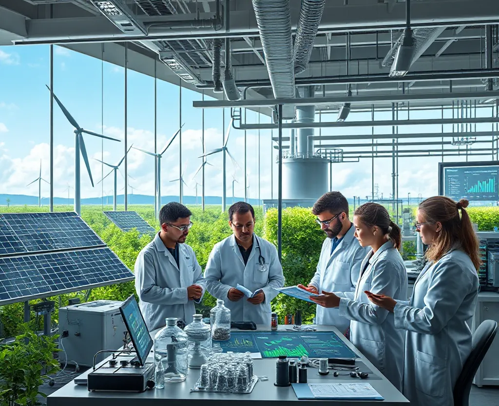 Researchers working with renewable energy, climate tech, and sustainable materials in a green innovation lab