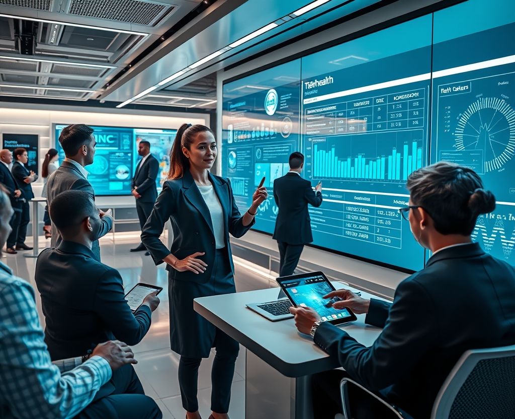 Researchers and tech experts working with AI, HealthTech, and digital analytics in a high-tech innovation center