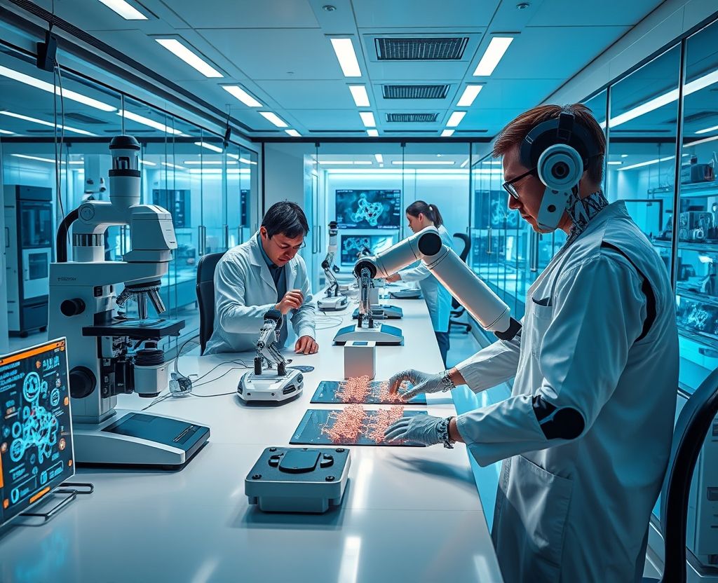 Scientists in a high-tech lab working with robotics, CRISPR, biomaterials, and quantum computing systems