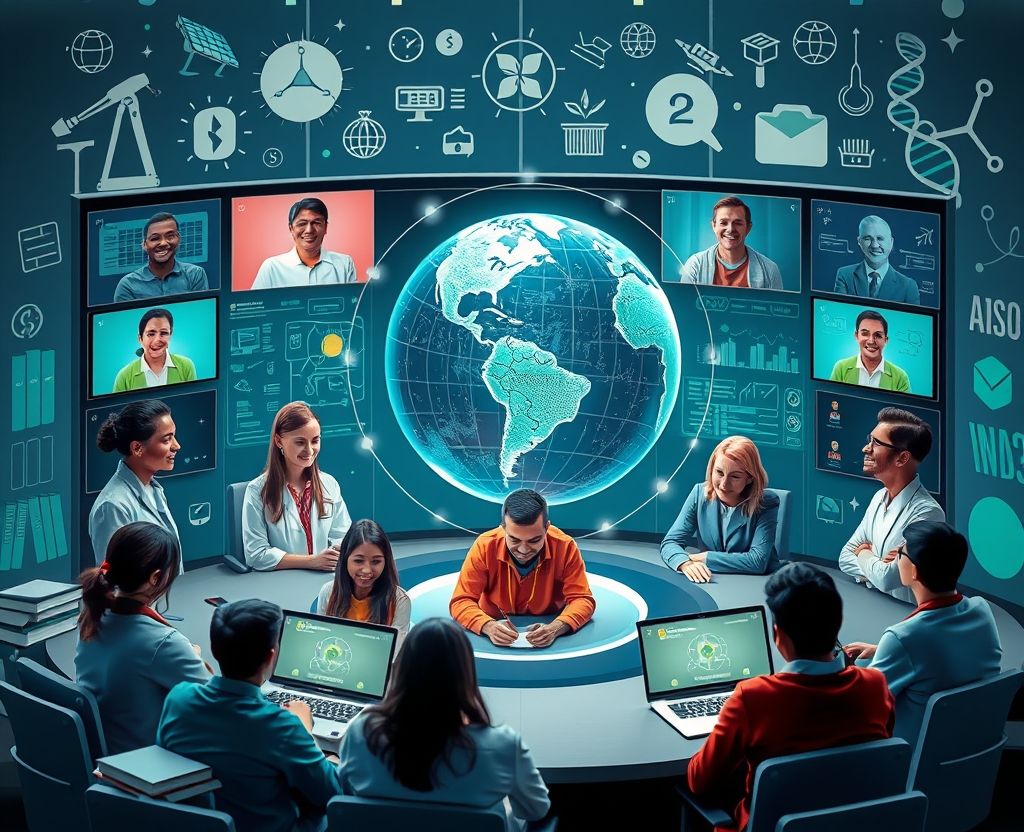 Diverse experts in a futuristic virtual hub connected around a holographic globe, symbolizing interdisciplinary global collaboration