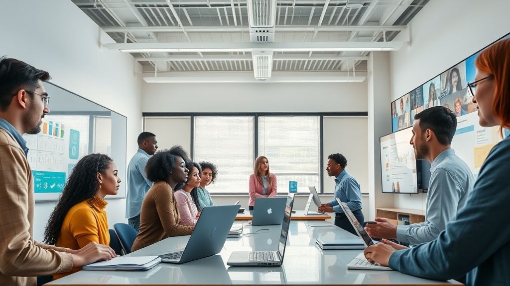Diverse students and educators in a modern, hybrid learning environment utilizing digital tools and interactive technology.