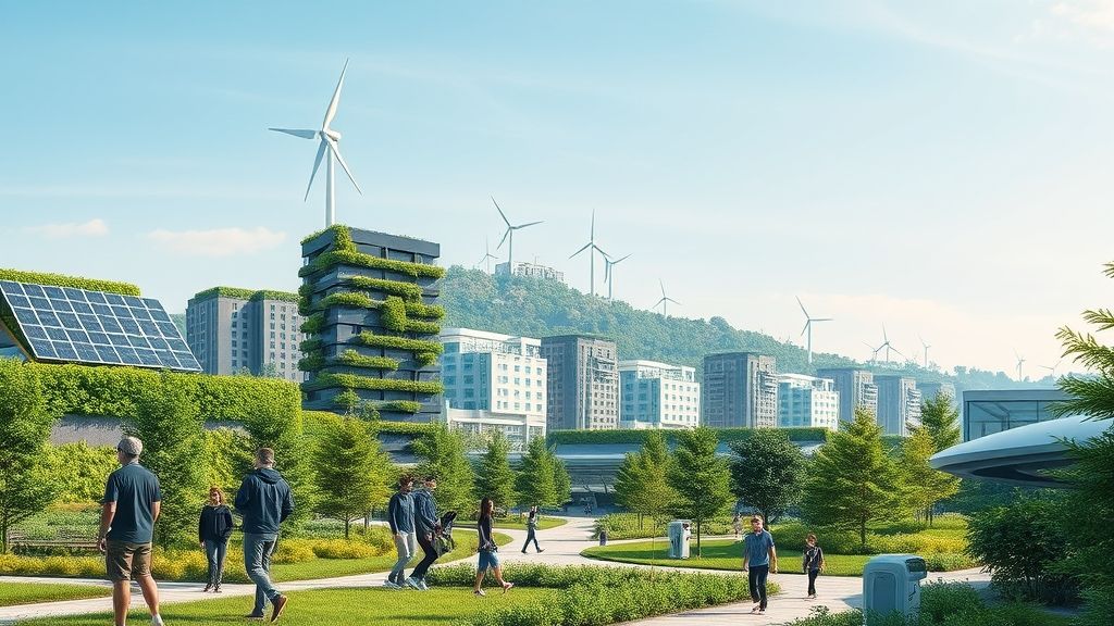 A realistic view of a sustainable city with green buildings, renewable energy, smart infrastructure, and people in a park, symbolizing environmental innovation.