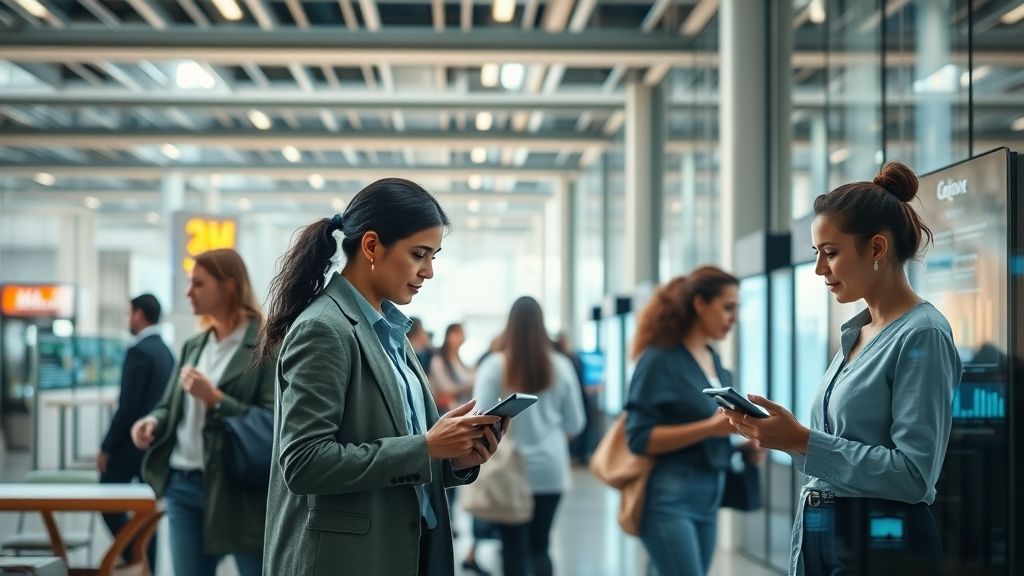 People interact with advanced digital technology in a modern, collaborative setting, showing ethical AI, telehealth, and data integration.