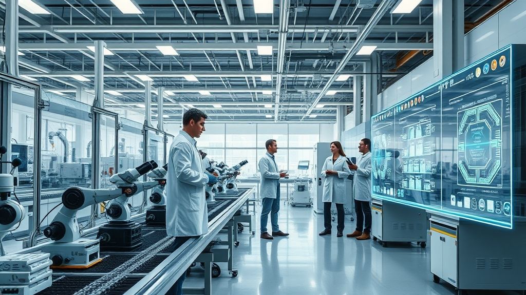 Engineers and scientists collaborate in a modern lab with robotics, advanced materials, and quantum computing equipment, showing applied science.