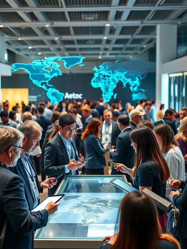 Diverse global professionals, including researchers, academics, policymakers, and industry innovators, network at an international event, forming partnerships.
