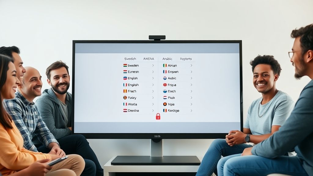 Diverse global users engaging with a secure, multilingual digital platform, showing content in multiple languages, symbolizing privacy and inclusivity.