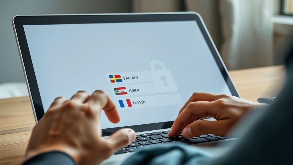 Hands of diverse users interacting with a secure, multilingual digital platform displaying language options and privacy features.