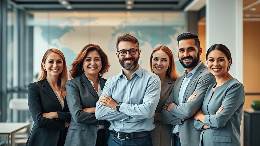 Diverse and professional leaders of an organization standing together, inviting collaboration and representing expertise and innovation.