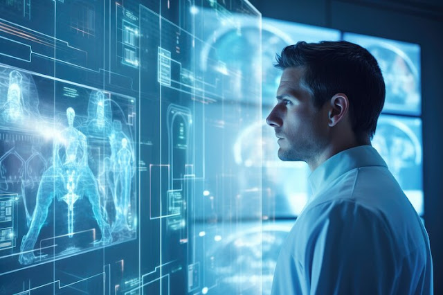 Professional in a lab coat examining high-tech glowing blue data displays in a futuristic medical or research environment.