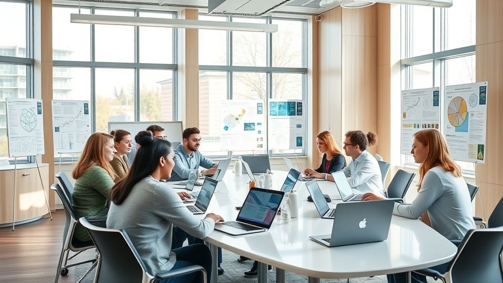 A group of six professionals in a well-lit meeting room, seated around a large table with laptops, engaged in collaborative work and discussions.