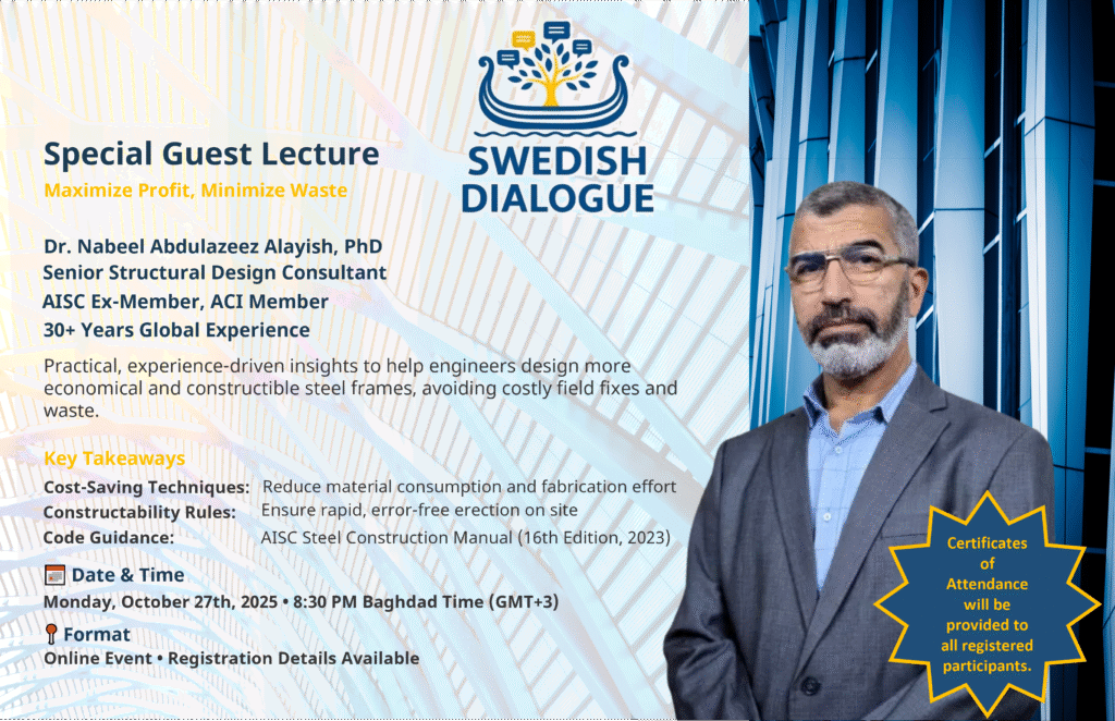 Promotional poster for the Swedish Dialogue event: Guest lecture on Constructability and Economy in Design of Steel Structure by Dr. Nabeel Alayish on October 27th, 2025.