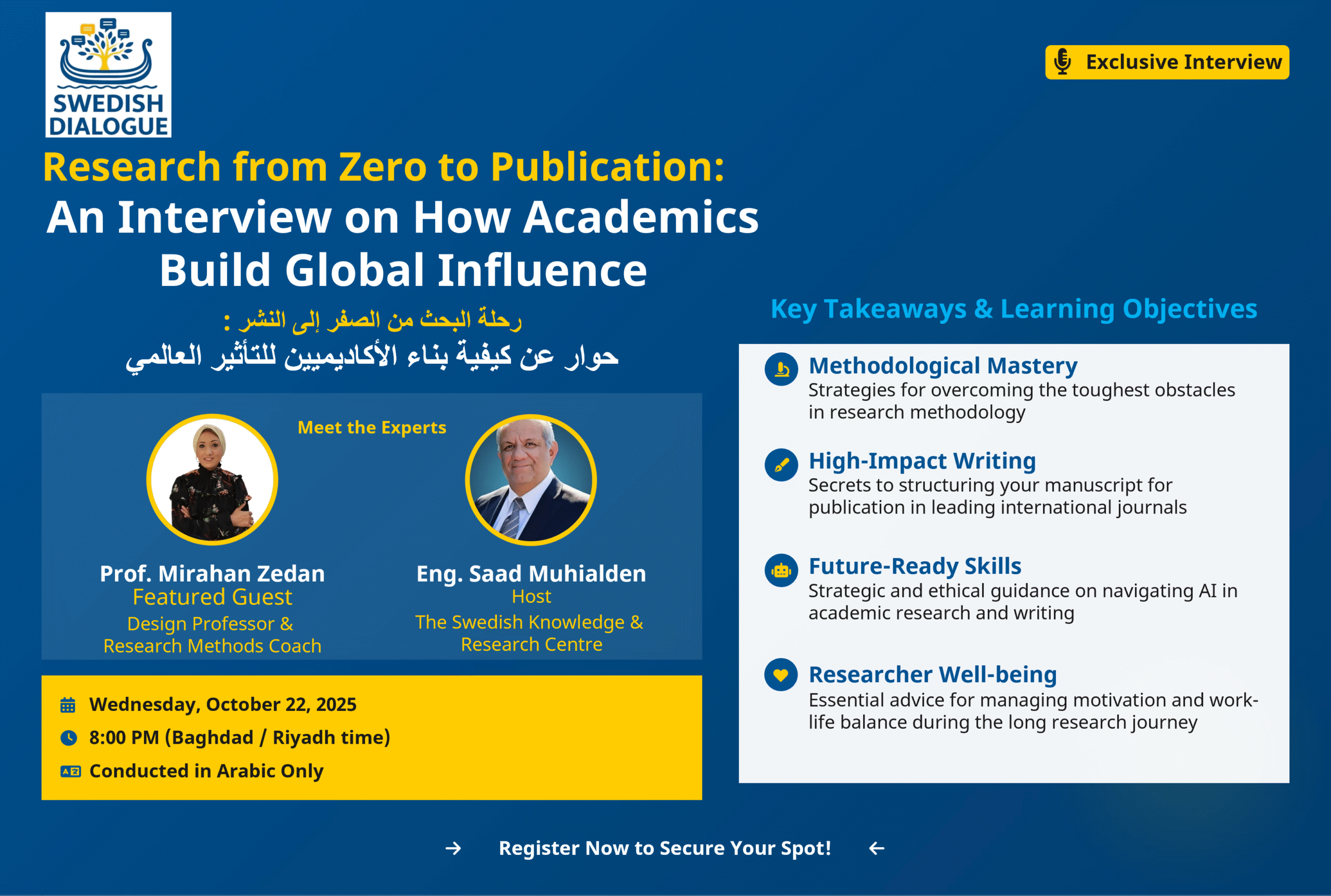 Promotional poster for The Swedish Dialogue live interview featuring Prof. Mirahan Zedan. Focus is on R&D publication, research methods, AI strategy, and academic work-life balance.