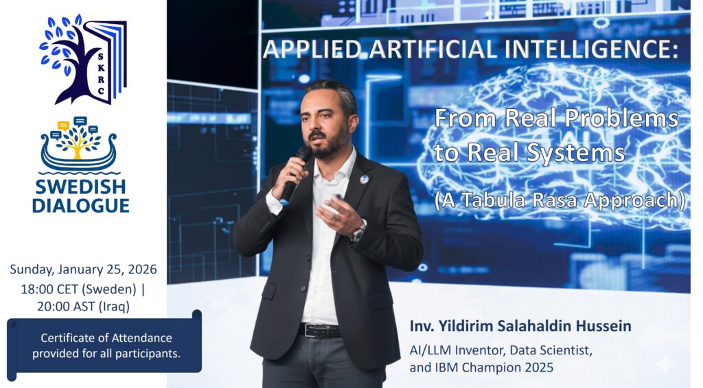 A professional event poster featuring Inv. Yildirim Salahaldin Hussein. The design includes the SKRC and Swedish Dialogue logos, technical diagrams of neural network layers, and the lecture title "Applied Artificial Intelligence: From Real Problems to Real Systems."