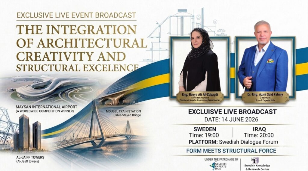 A professional promotional poster for an exclusive live event broadcast titled "The Integration of Architectural Creativity and Structural Excellence." The background features architectural blueprints and illustrations of the Maysan International Airport and a cable-stayed bridge. On the left, the event title is presented in large gold lettering. The right side contains two prominent portrait frames, each with a gold plaque. The left plaque names "Eng. Rayya Ali Al-Zubaydi" as Consultant Architect, and the right plaque names "Dr. Eng. Azmi Said Fahmy" as Chairman, Scand Experts Hub. The poster includes event details: Date: 14 June 2026; Times: Sweden 19:00 and Iraq 20:00; Platform: Swedish Dialogue Forum. Below this, the tagline reads: "FORM MEETS STRUCTURAL FORCE." At the bottom, the logos for "Scand Experts Hub" and "Swedish Knowledge & Research Center" are visible. The layout is bordered by the blue and yellow colors of the Swedish flag.