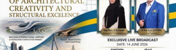 A professional promotional poster for an exclusive live event broadcast titled "The Integration of Architectural Creativity and Structural Excellence." The background features architectural blueprints and illustrations of the Maysan International Airport and a cable-stayed bridge. On the left, the event title is presented in large gold lettering. The right side contains two prominent portrait frames, each with a gold plaque. The left plaque names "Eng. Rayya Ali Al-Zubaydi" as Consultant Architect, and the right plaque names "Dr. Eng. Azmi Said Fahmy" as Chairman, Scand Experts Hub. The poster includes event details: Date: 14 June 2026; Times: Sweden 19:00 and Iraq 20:00; Platform: Swedish Dialogue Forum. Below this, the tagline reads: "FORM MEETS STRUCTURAL FORCE." At the bottom, the logos for "Scand Experts Hub" and "Swedish Knowledge & Research Center" are visible. The layout is bordered by the blue and yellow colors of the Swedish flag.