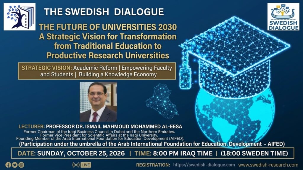 Event poster for "The Swedish Dialogue" featuring a strategic lecture titled "The Future of Iraqi Universities: 2027–2035: From Traditional Education to Productive Global Universities." The poster displays a portrait of the lecturer, Professor Dr. Ismail Mahmoud Mohammed Al-Eesa, President of the Iraqi Association for Accreditation and Quality Assurance in Higher Education. Set against a dark blue background with branding logos for SKRC and The Swedish Dialogue, digital network graphics of a glowing graduation cap over a globe, and an illuminated outline map of Iraq. Event details note the date as Sunday, October 25, 2026, at 8:00 PM Iraq Time (18:00 Sweden Time) with a registration link and official website addresses.