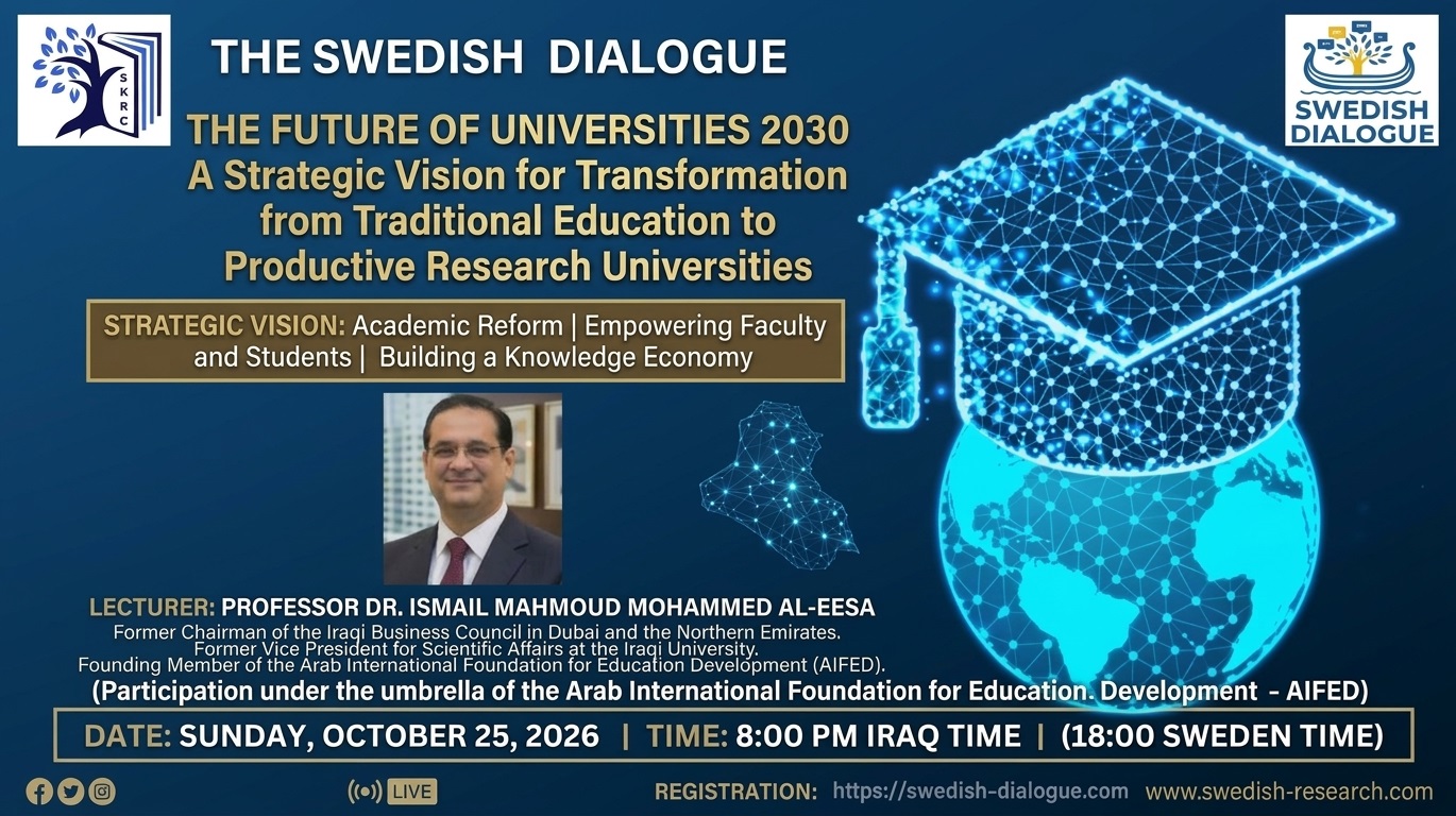 Event poster for "The Swedish Dialogue" featuring a strategic lecture titled "The Future of Iraqi Universities: 2027–2035: From Traditional Education to Productive Global Universities." The poster displays a portrait of the lecturer, Professor Dr. Ismail Mahmoud Mohammed Al-Eesa, President of the Iraqi Association for Accreditation and Quality Assurance in Higher Education. Set against a dark blue background with branding logos for SKRC and The Swedish Dialogue, digital network graphics of a glowing graduation cap over a globe, and an illuminated outline map of Iraq. Event details note the date as Sunday, October 25, 2026, at 8:00 PM Iraq Time (18:00 Sweden Time) with a registration link and official website addresses.